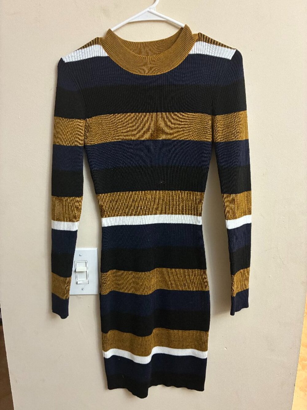 Cotton On Striped Ribbed Sweater Dress S Mustard Navy Mock Neck